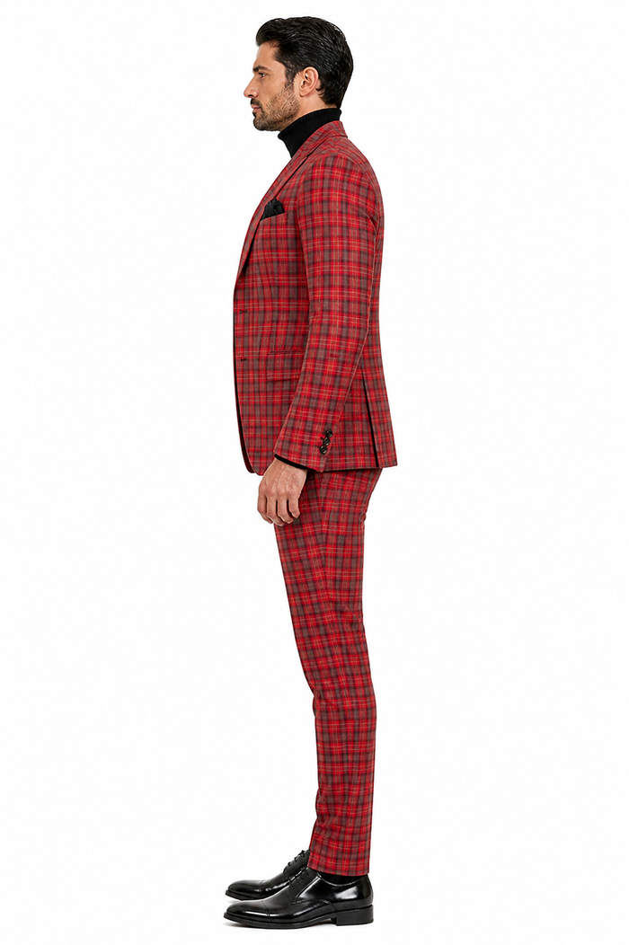 Red Tartan Suit Christmas Party Event - Plaid 3-Piece Slim Fit Suit with Vest - Window pane Pattern