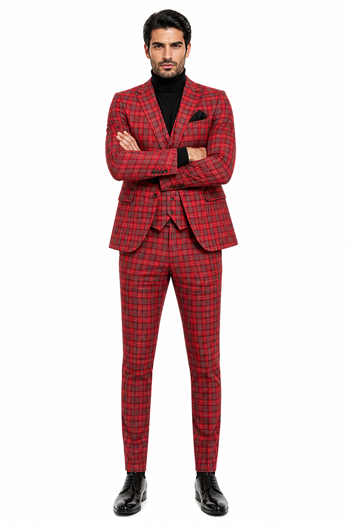 Red Tartan Suit Christmas Party Event - Plaid 3-Piece Slim Fit Suit with Vest - Window pane Pattern
