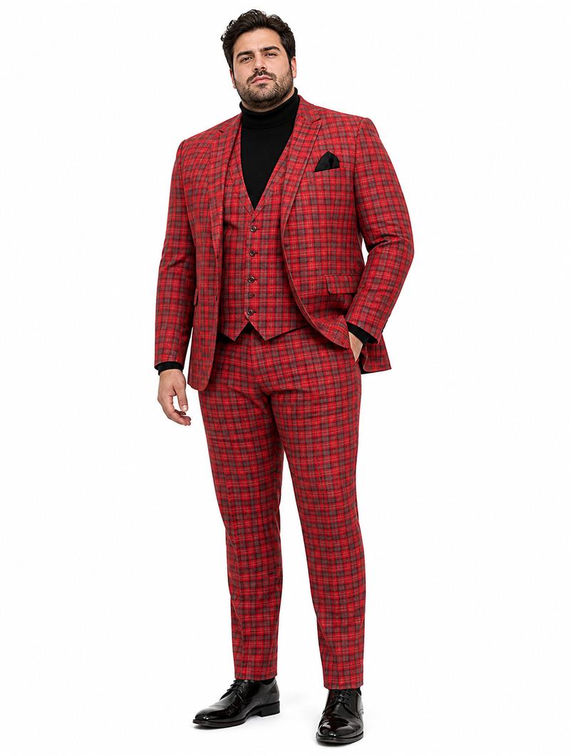 Red Tartan Suit Christmas Party Event - Plaid 3-Piece Slim Fit Suit with Vest - Window pane Pattern