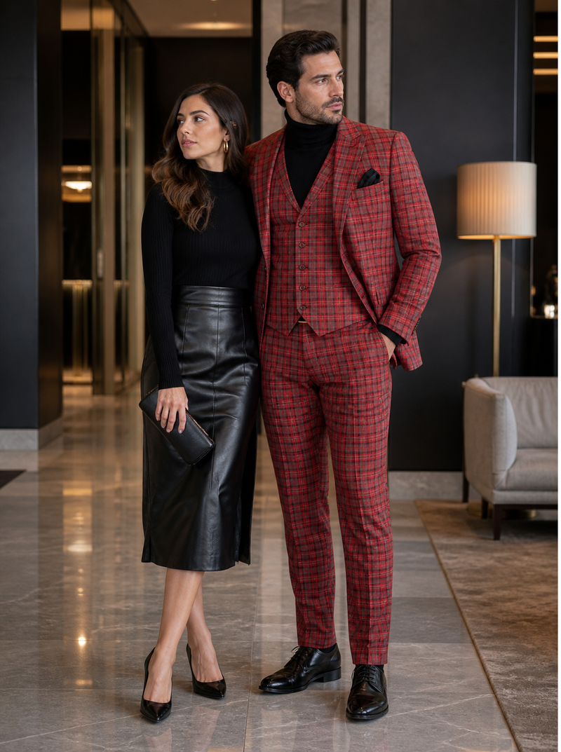Red Tartan Suit Christmas Party Event - Plaid 3-Piece Slim Fit Suit with Vest - Window pane Pattern