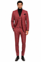 Red Tartan Suit Christmas Party Event - Plaid 3-Piece Slim Fit Suit with Vest - Window pane Pattern