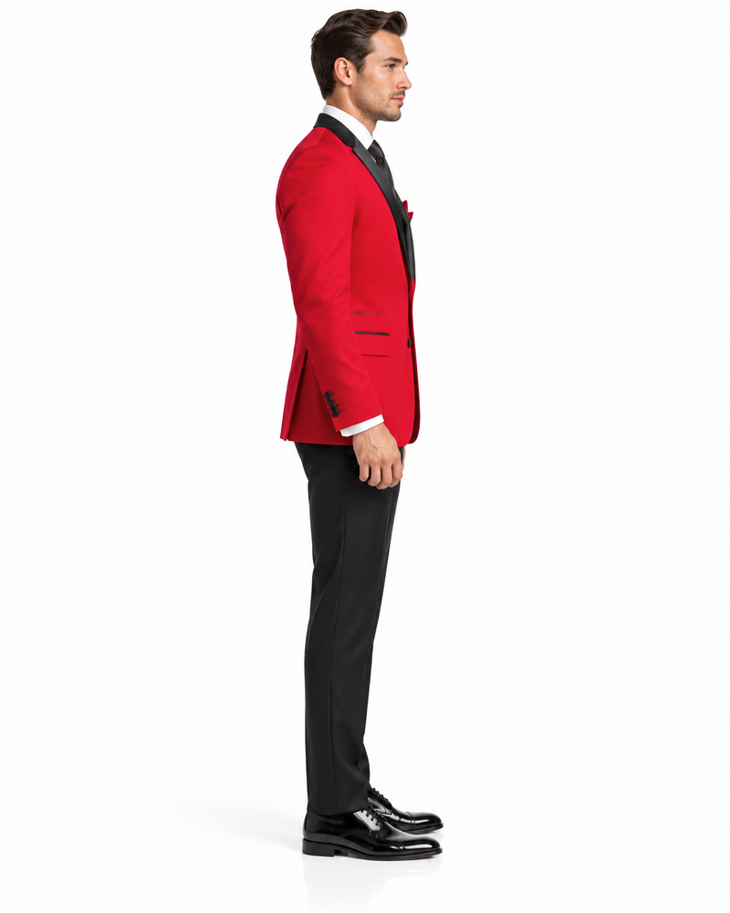 Red Tuxedo Jacket with Black Notch Lapel Trousers