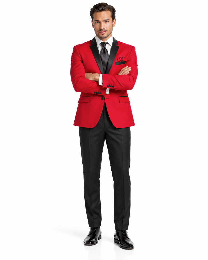 Red Tuxedo Jacket with Black Notch Lapel Trousers