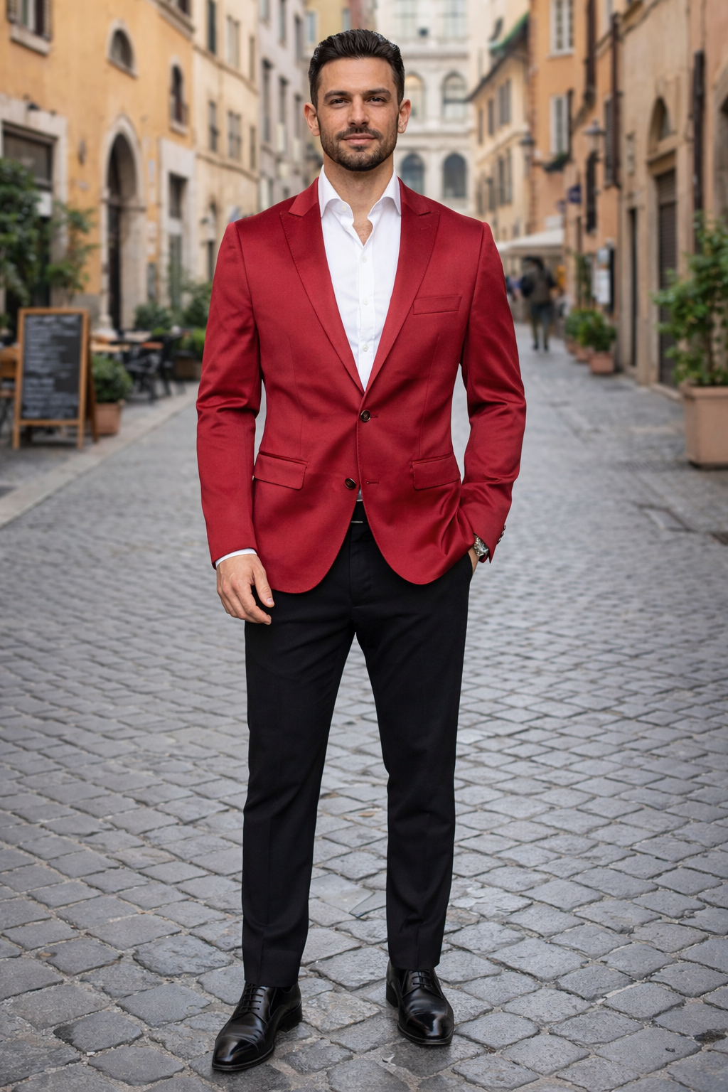 Men’s Slim Fit Red Satin Blazer – Elegant Two-Button Formal Suit Jacket for Weddings, in Red Color