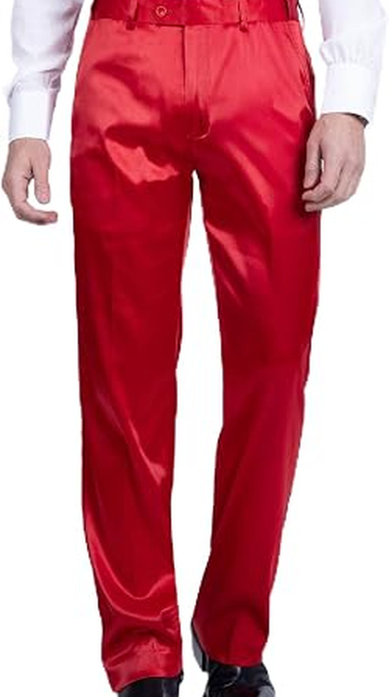 Mens Shiny Stretch Pants Solid Color Slim Fit Sateen Flashy Metallic Slacks in Color "Red"