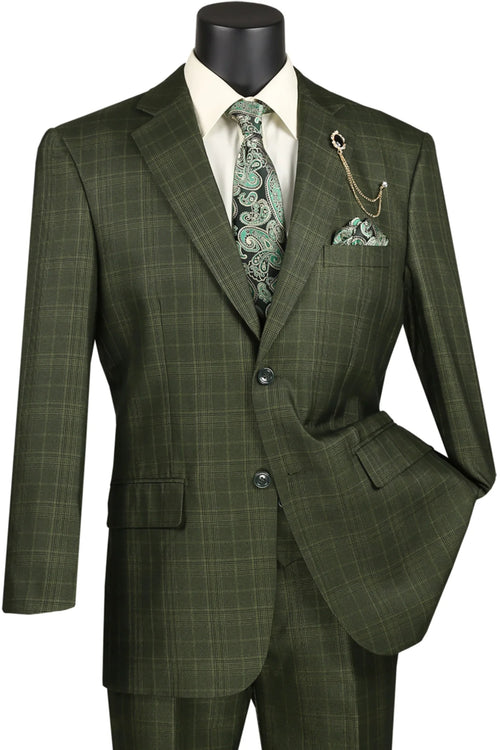 Regular Fit Olive Green Glen Plaid Three-Piece Suit