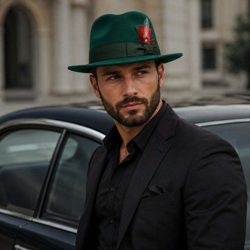 Gangster 100% Australian Wool Crushable Mens Fedora Hat - Removable Feather Gangster  Hunter Green Mens Fedora Hat