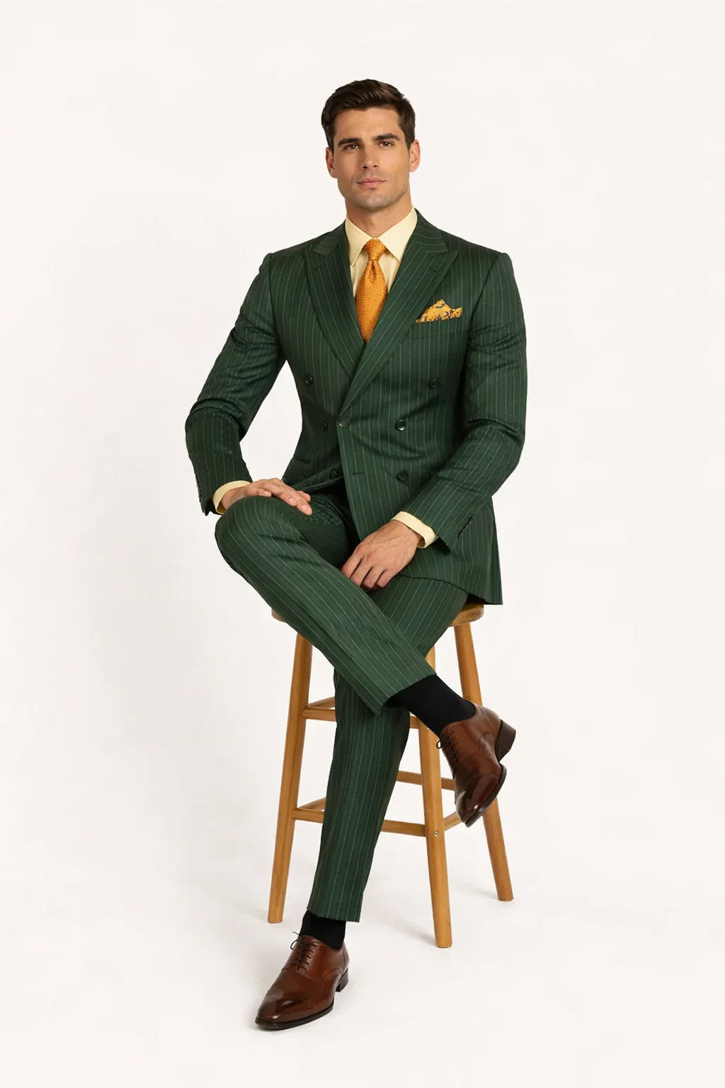 Rockefeller Collection - Double Breasted Stripe Suit Hunter Green Regular Fit 2 Piece