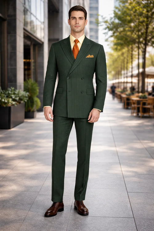 Rockefeller Collection - Double Breasted Stripe Suit Hunter Green Regular Fit 2 Piece