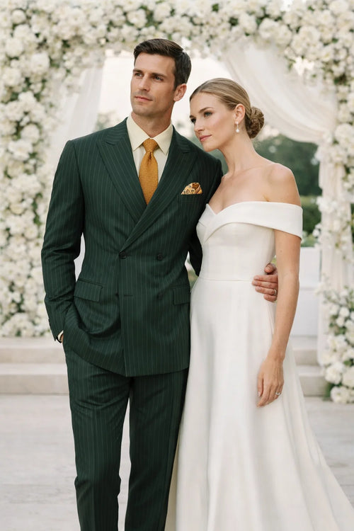 Rockefeller Collection - Double Breasted Stripe Suit Hunter Green Regular Fit 2 Piece