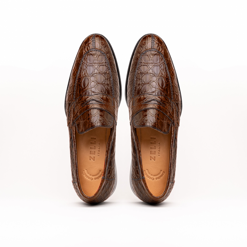 Zelli Roma Genuine Caiman Crocodile Penny Loafers in Cognac