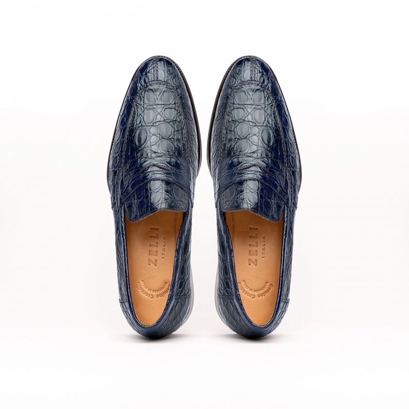 Zelli Roma Classic Penny Loafers in Genuine Caiman Crocodile Navy