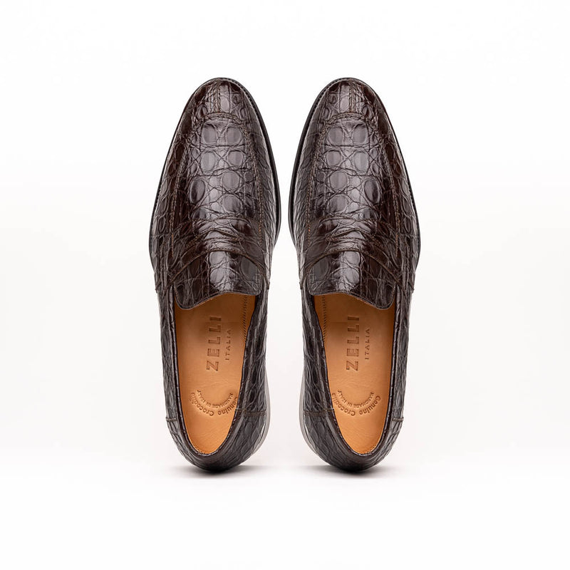 Zelli Roma Genuine Caiman Crocodile Penny Loafers in Nicotine
