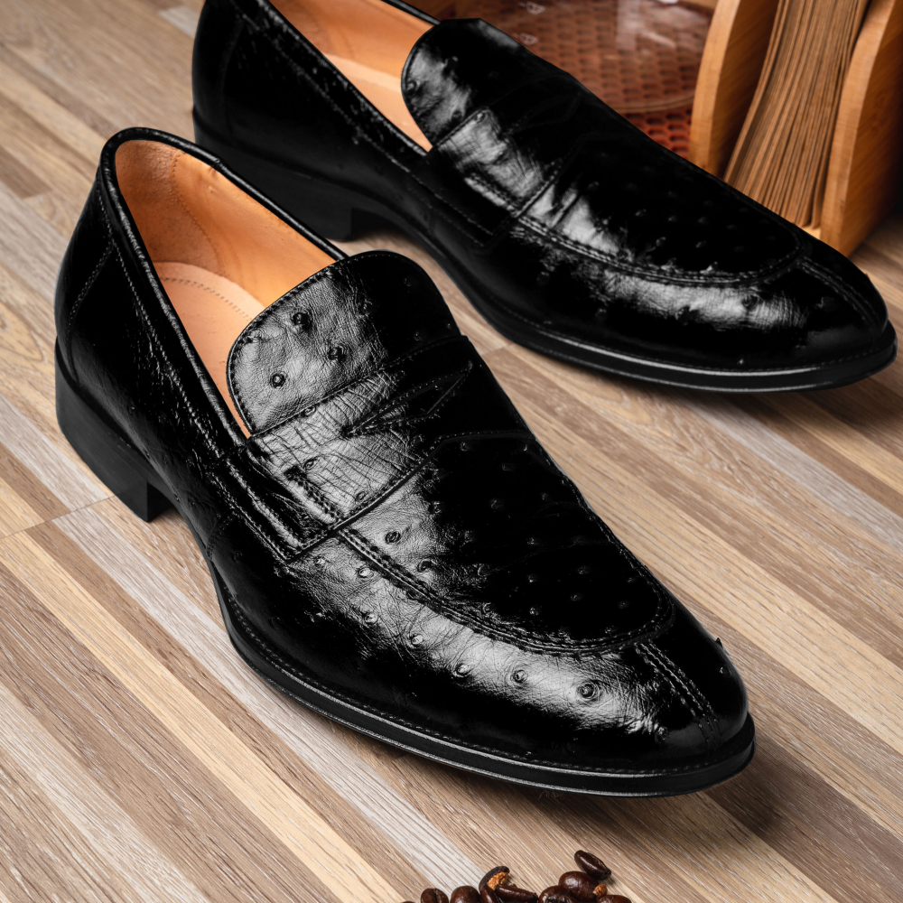 Zelli Roma Classic Penny Loafers in Genuine Black Ostrich Quill