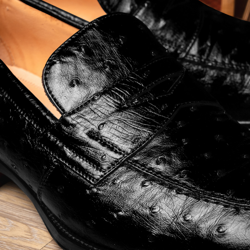 Zelli Roma Classic Penny Loafers in Genuine Black Ostrich Quill
