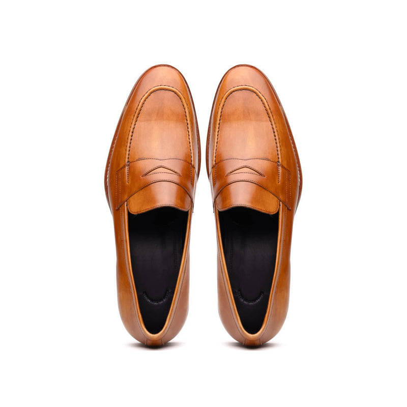 Zelli Roma Hand-Burnished Calfskin Penny Loafers in Camel