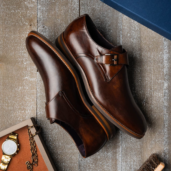 Zelli Roman Smooth Calfskin Monk Strap Dress Shoes in Chestnut