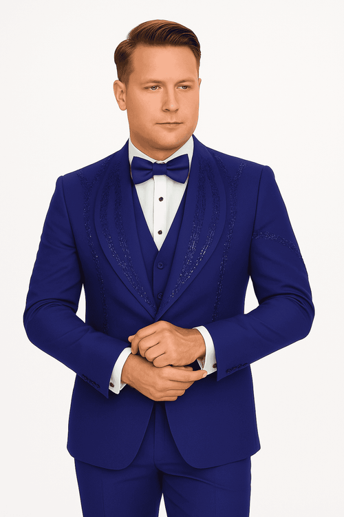 Royal blue Italian wool tuxedo. Modern fit, sleek lapel. 3-piece set: jacket, waistcoat, trousers. Intricate stitching details. A sophisticated classic.