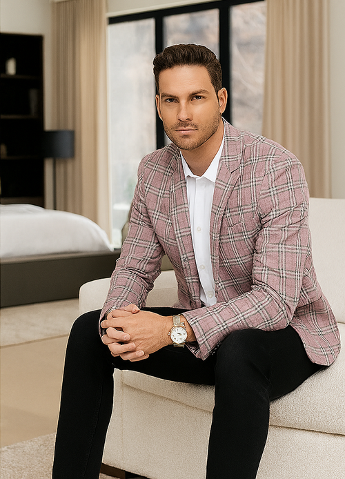 "Rose Pink Double Windowpane Sport Coat - Men's Two Button Business Casual"