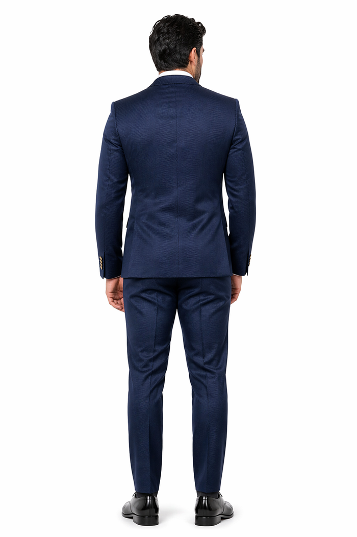 Rossi Man BOND RM1752 Slim Fit 3-Piece Navy Suit â€“ 1-Button Peak Lapel, Double-Breasted Vest & Flat Front Pants
