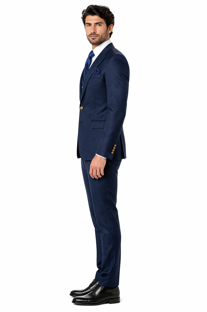 Rossi Man BOND RM1752 Slim Fit 3-Piece Navy Suit â€“ 1-Button Peak Lapel, Double-Breasted Vest & Flat Front Pants