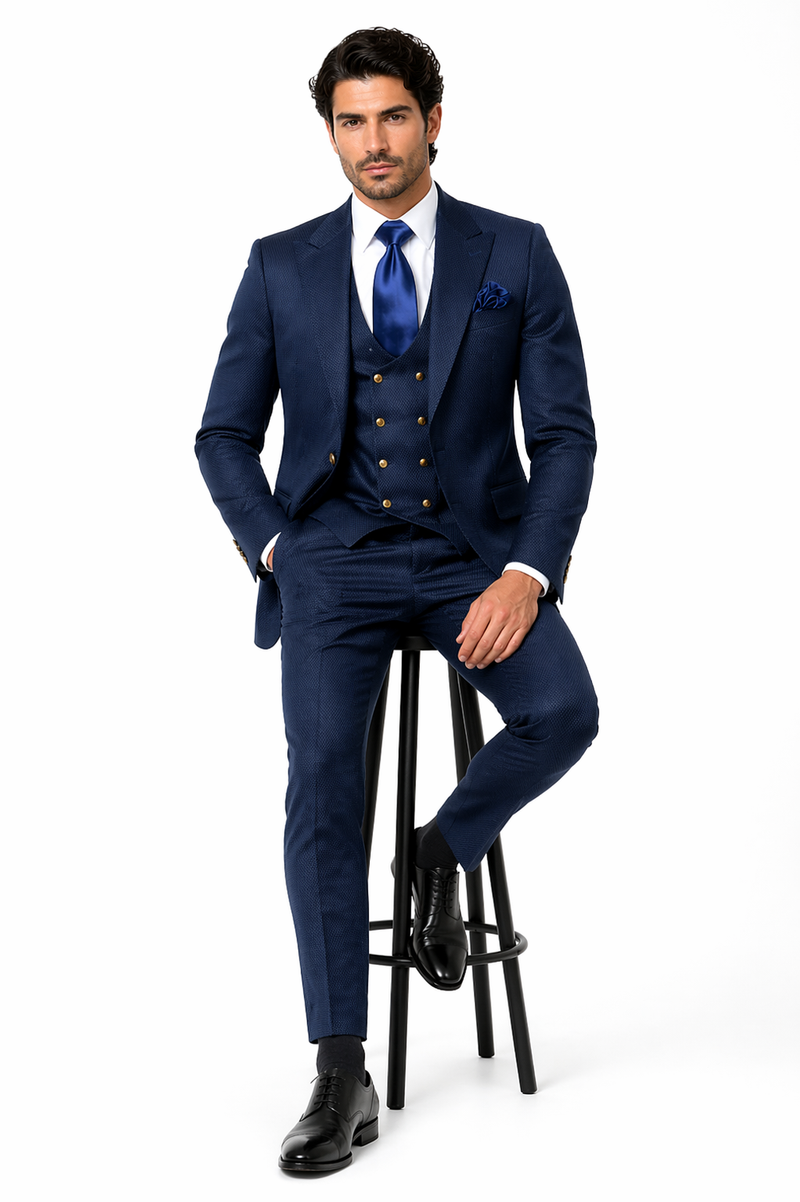Rossi Man BOND RM1752 Slim Fit 3-Piece Navy Suit â€“ 1-Button Peak Lapel, Double-Breasted Vest & Flat Front Pants
