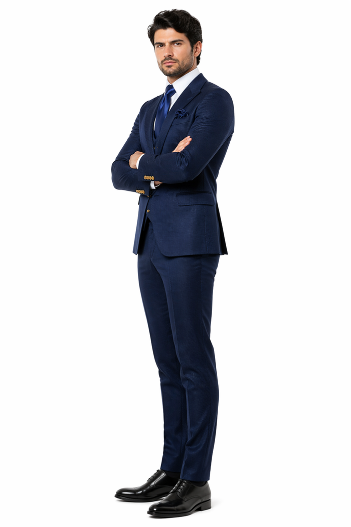 Rossi Man BOND RM1752 Slim Fit 3-Piece Navy Suit â€“ 1-Button Peak Lapel, Double-Breasted Vest & Flat Front Pants