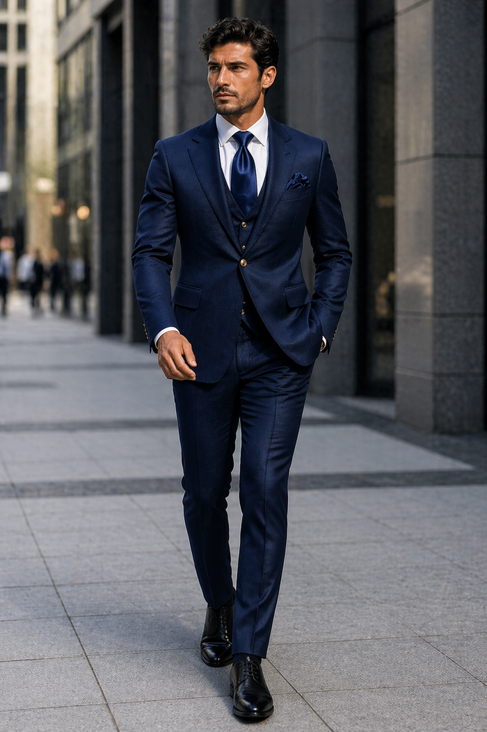 Rossi Man BOND RM1752 Slim Fit 3-Piece Navy Suit â€“ 1-Button Peak Lapel, Double-Breasted Vest & Flat Front Pants