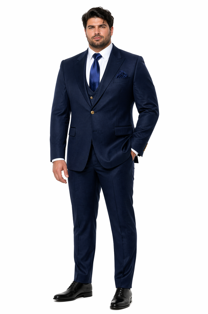 Rossi Man BOND RM1752 Slim Fit 3-Piece Navy Suit â€“ 1-Button Peak Lapel, Double-Breasted Vest & Flat Front Pants