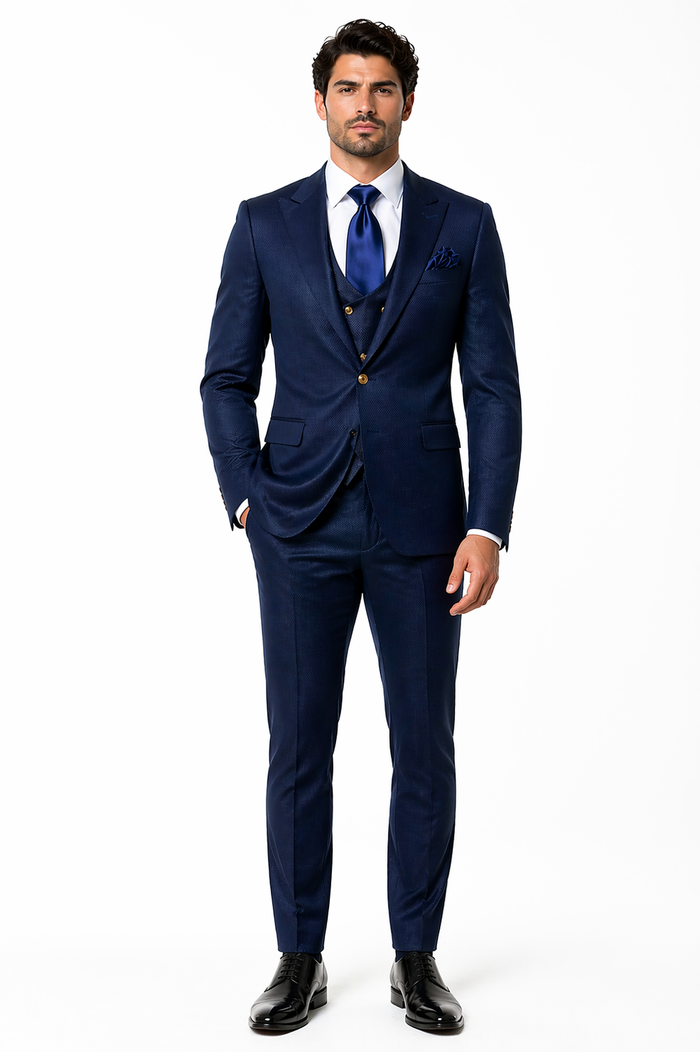 Rossi Man BOND RM1752 Slim Fit 3-Piece Navy Suit â€“ 1-Button Peak Lapel, Double-Breasted Vest & Flat Front Pants
