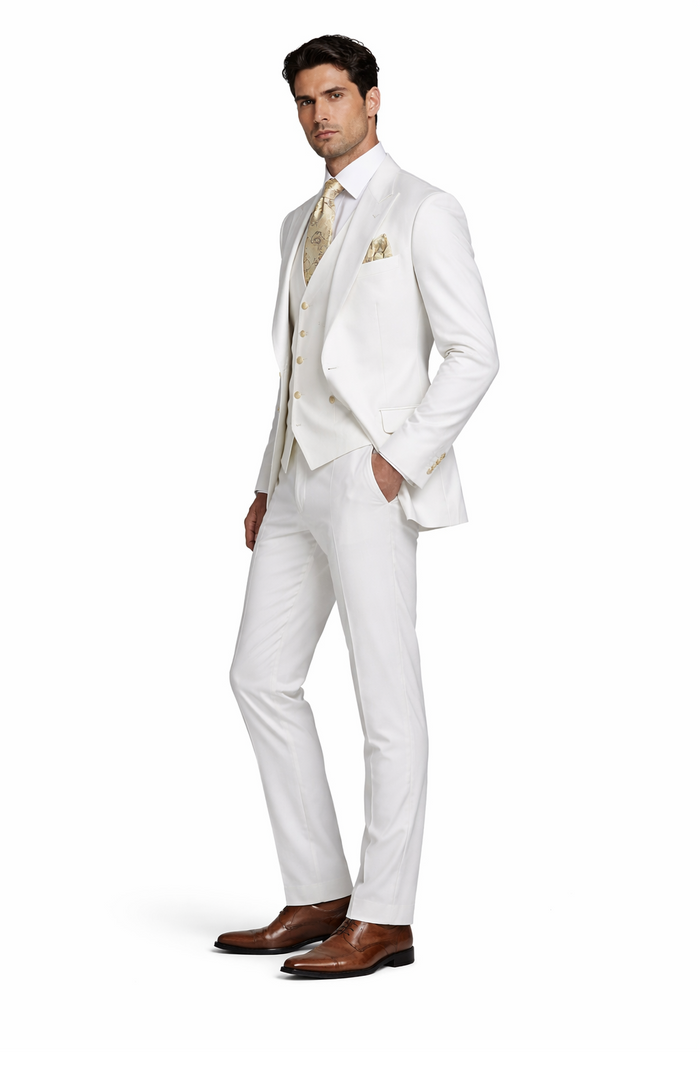Rossi Man BOND RM1770 Slim Fit 3-Piece White Suit 1-Button Peak Lapel, Stylish Mens Formalwear
