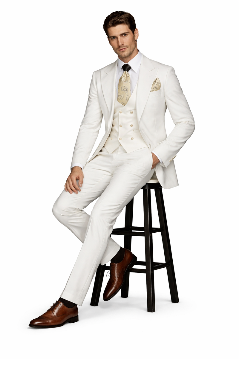 Rossi Man BOND RM1770 Slim Fit 3-Piece White Suit 1-Button Peak Lapel, Stylish Mens Formalwear