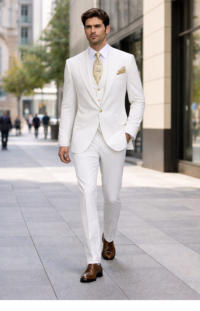 Rossi Man BOND RM1770 Slim Fit 3-Piece White Suit 1-Button Peak Lapel, Stylish Mens Formalwear