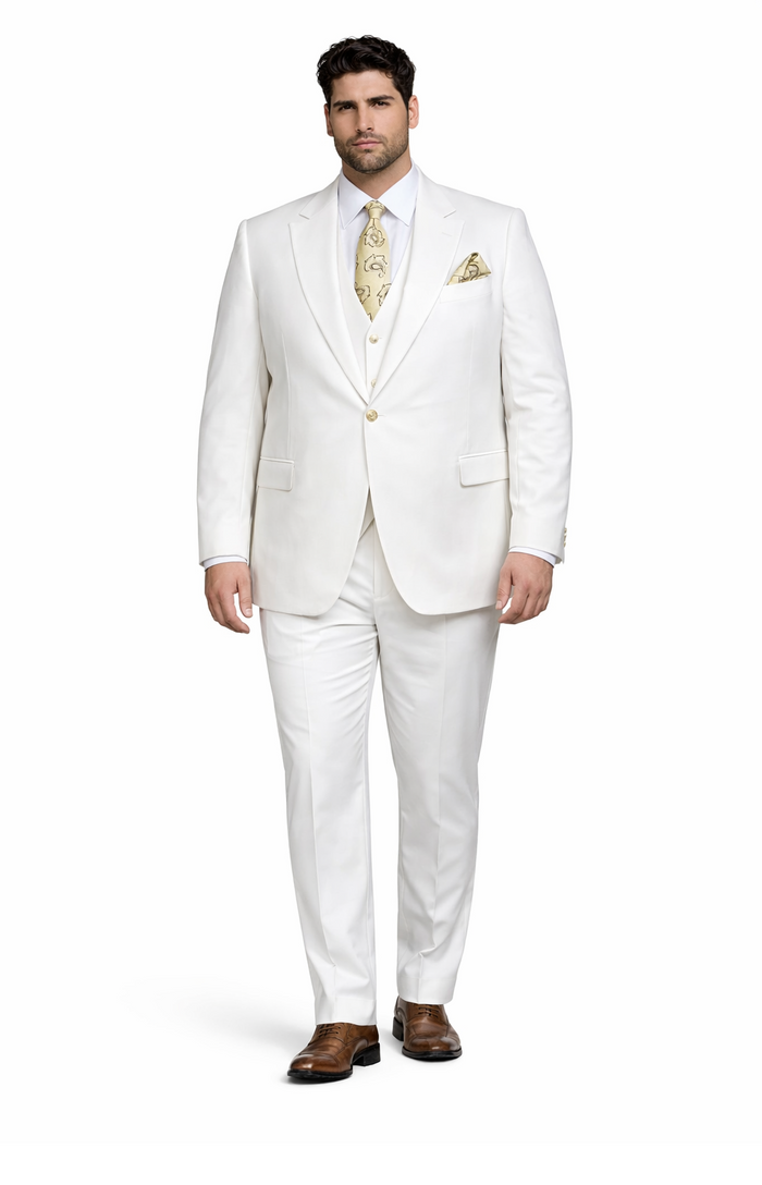Rossi Man BOND RM1770 Slim Fit 3-Piece White Suit 1-Button Peak Lapel, Stylish Mens Formalwear