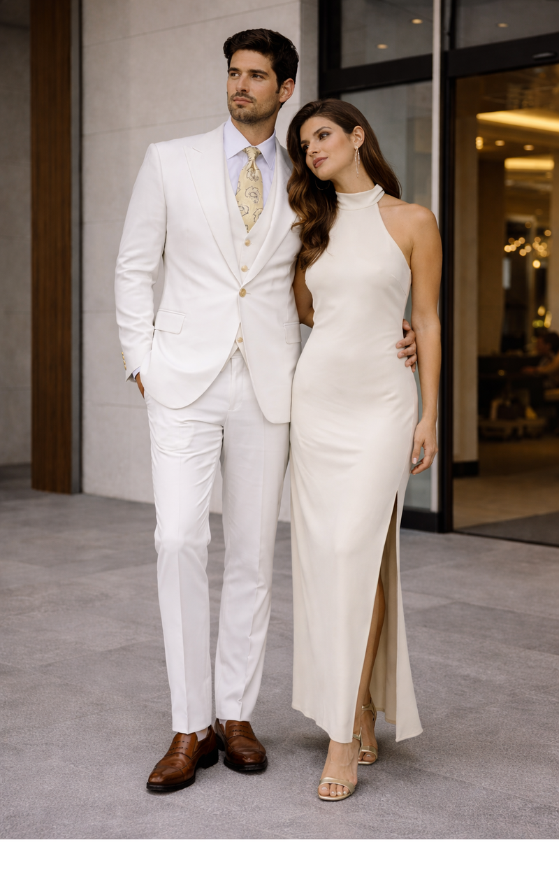 Rossi Man BOND RM1770 Slim Fit 3-Piece White Suit 1-Button Peak Lapel, Stylish Mens Formalwear