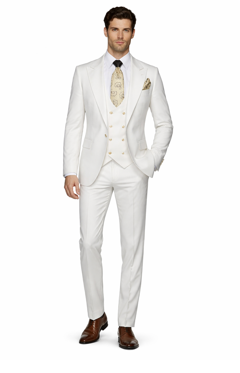 Rossi Man BOND RM1770 Slim Fit 3-Piece White Suit 1-Button Peak Lapel, Stylish Mens Formalwear