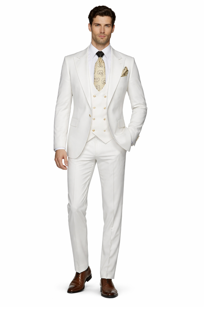 Rossi Man BOND RM1770 Slim Fit 3-Piece White Suit 1-Button Peak Lapel, Stylish Mens Formalwear