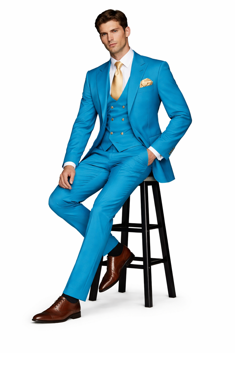 Rossi Man BOND RM1776 Slim Fit 3-Piece Suit â€“ Tailored Turquoise Blue Suit for Formal Occasions