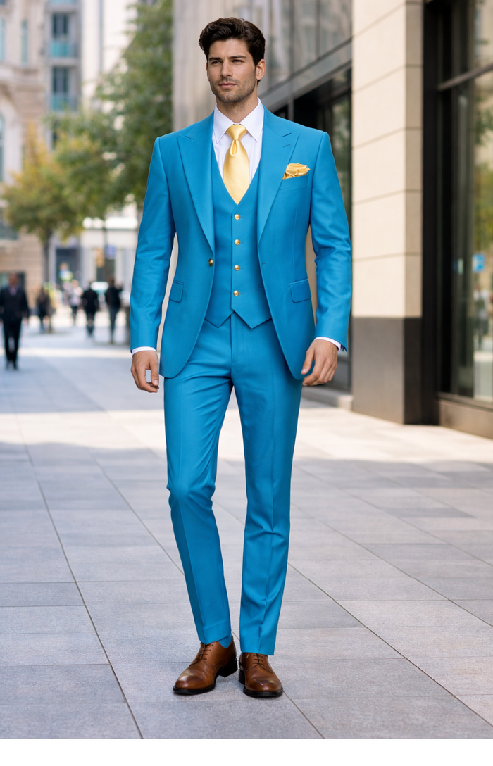 Rossi Man BOND RM1776 Slim Fit 3-Piece Suit â€“ Tailored Turquoise Blue Suit for Formal Occasions