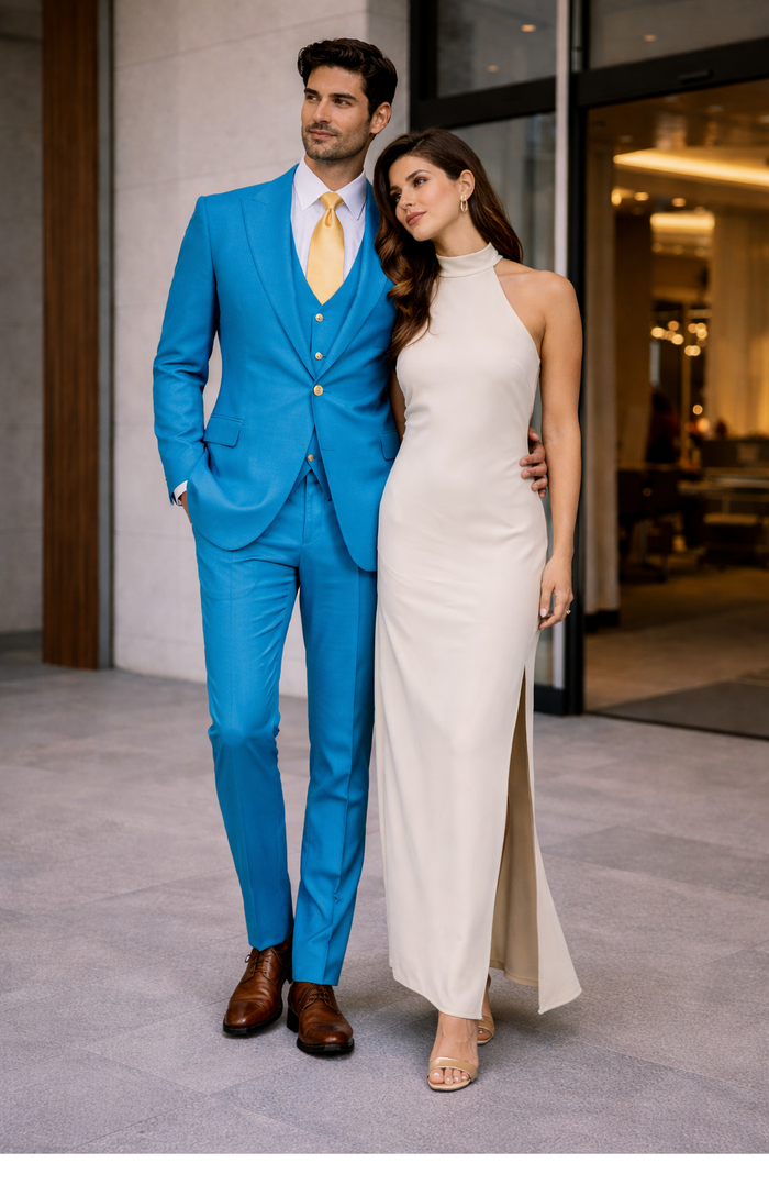 Rossi Man BOND RM1776 Slim Fit 3-Piece Suit â€“ Tailored Turquoise Blue Suit for Formal Occasions