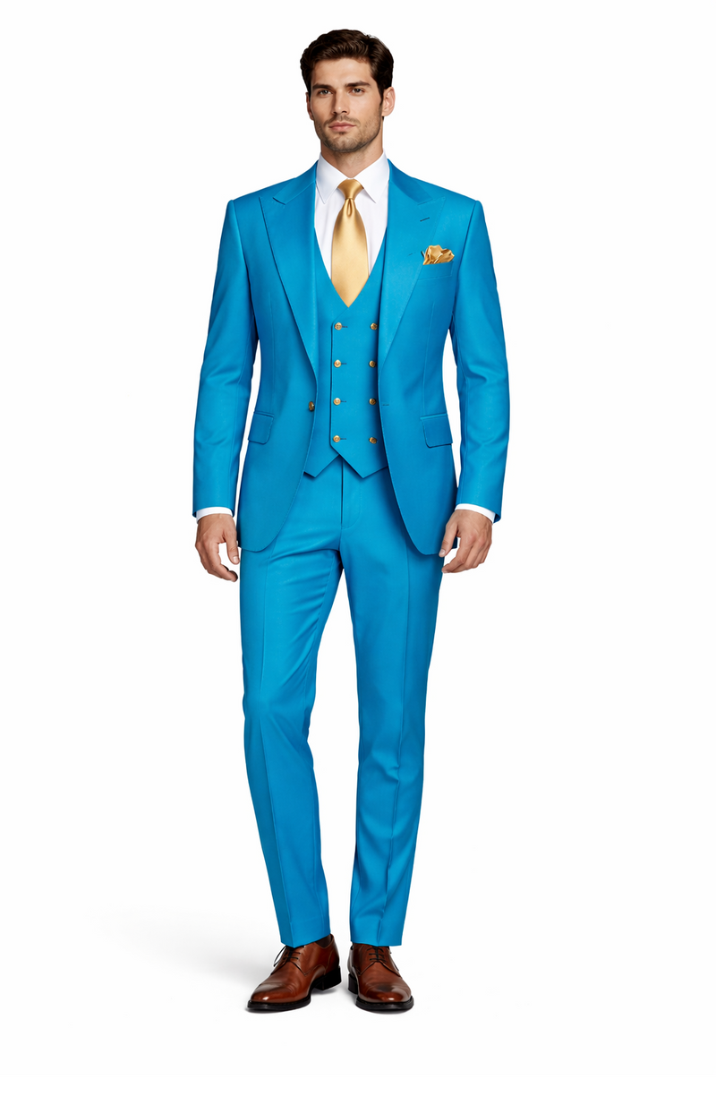 Rossi Man BOND RM1776 Slim Fit 3-Piece Suit â€“ Tailored Turquoise Blue Suit for Formal Occasions