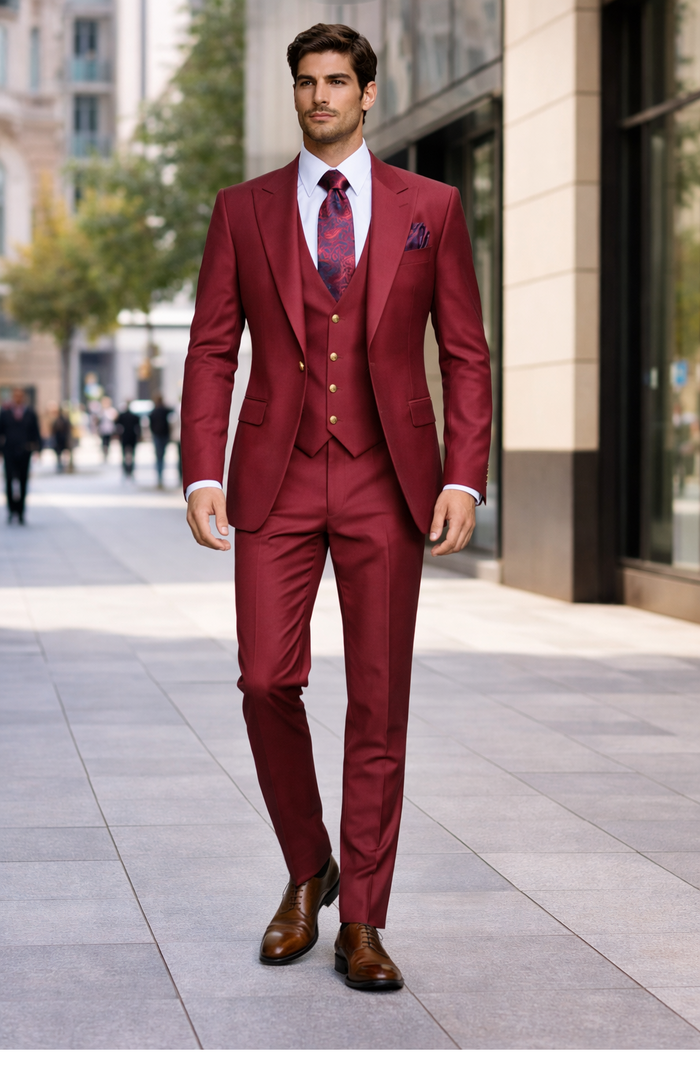 Rossi Man BOND RM1777 Slim Fit 3-Piece Red Suit â€“ Modern Tailored Suit for Men