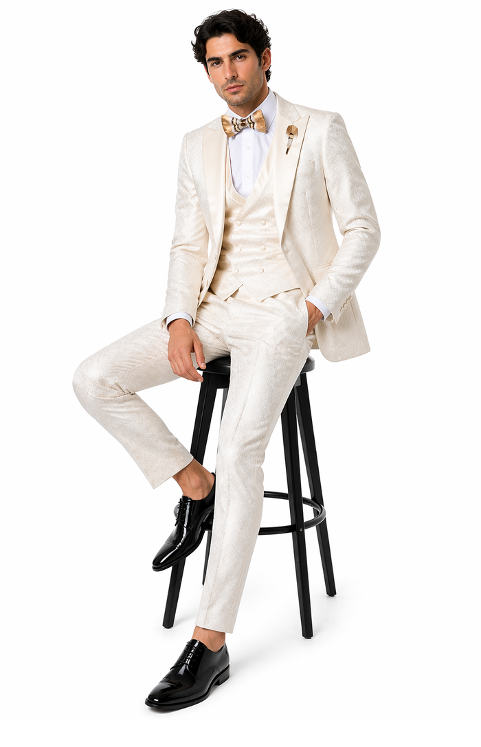 Rossi Man FORD RM1913 â€“ Slim Fit 3-Piece Suit for Men in Off-White | Classic Style for Formal Occasions