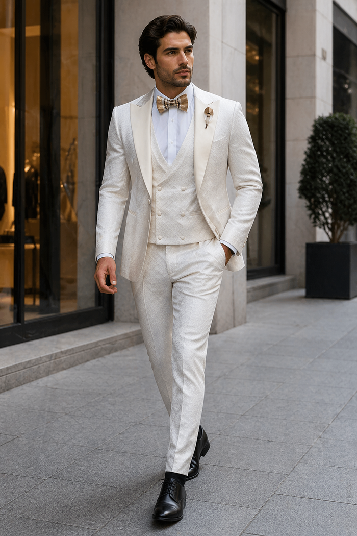 Rossi Man FORD RM1913 â€“ Slim Fit 3-Piece Suit for Men in Off-White | Classic Style for Formal Occasions