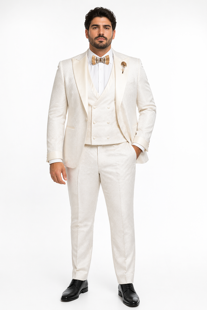 Rossi Man FORD RM1913 â€“ Slim Fit 3-Piece Suit for Men in Off-White | Classic Style for Formal Occasions