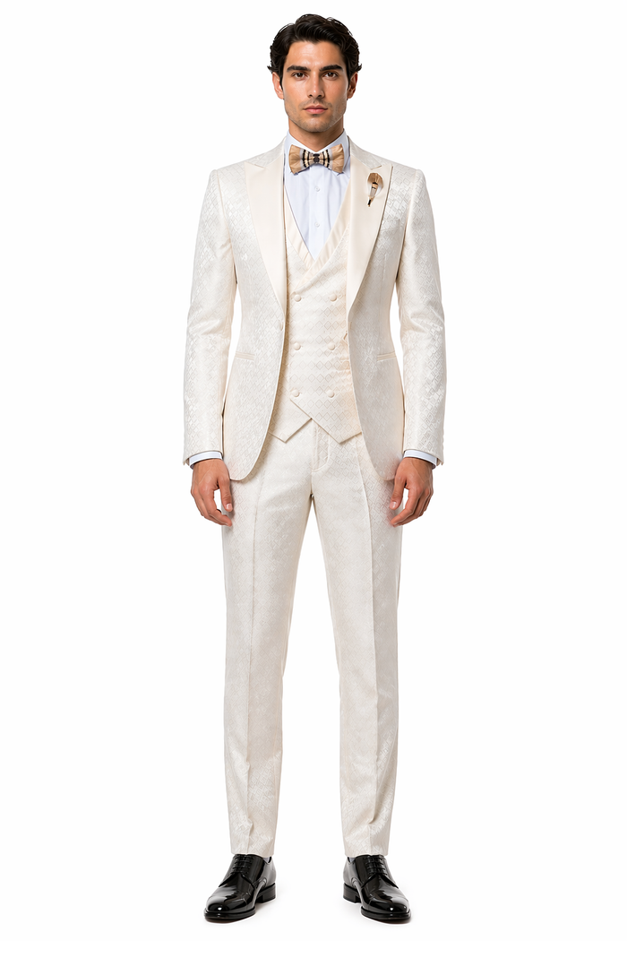 Rossi Man FORD RM1913 â€“ Slim Fit 3-Piece Suit for Men in Off-White | Classic Style for Formal Occasions
