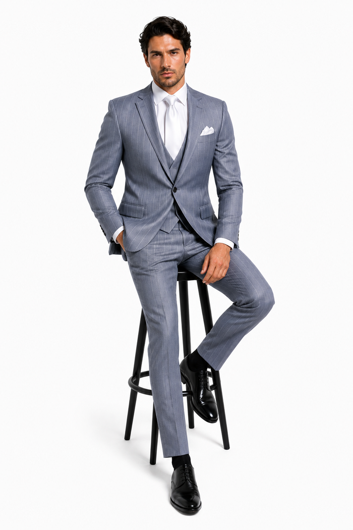 Rossi Man MAX RM1726 Slim Fit 3-Piece Suit â€“ Elegant Grey Pinstripe Formal Suit for Men