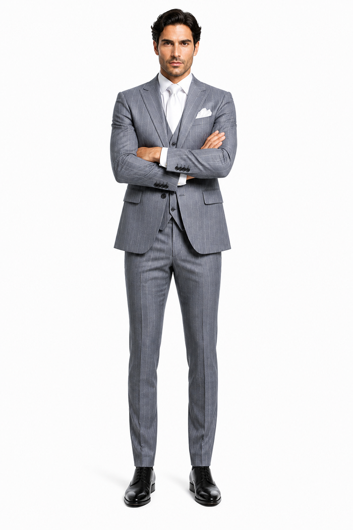 Rossi Man MAX RM1726 Slim Fit 3-Piece Suit â€“ Elegant Grey Pinstripe Formal Suit for Men