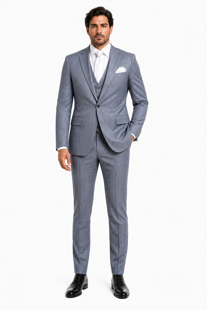 Rossi Man MAX RM1726 Slim Fit 3-Piece Suit â€“ Elegant Grey Pinstripe Formal Suit for Men