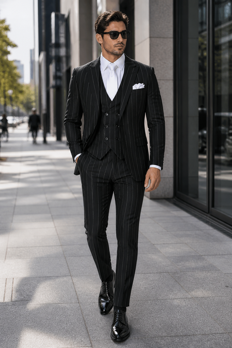 Rossi Man MAX RM1727 Slim Fit 3-Piece Suit â€“ Stylish Tailored Green Pinstripe Suit for Men